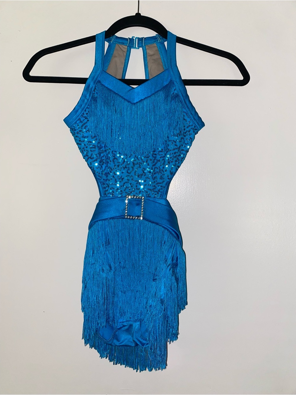 Blue Fringe Sequin Halter Dance Dress with Rhinestone Belt